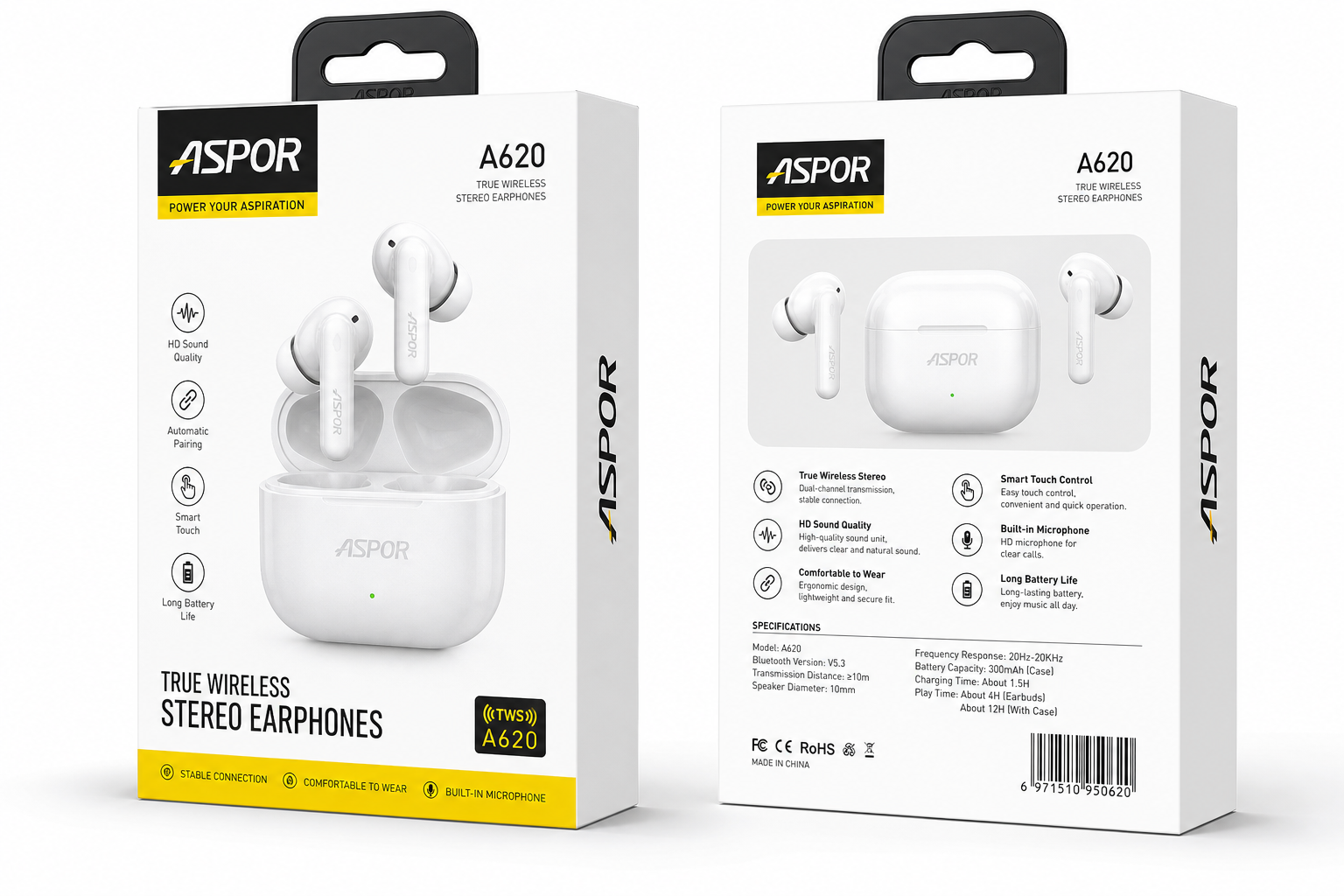 Aspor A620 TWS wireless earbuds retail packaging