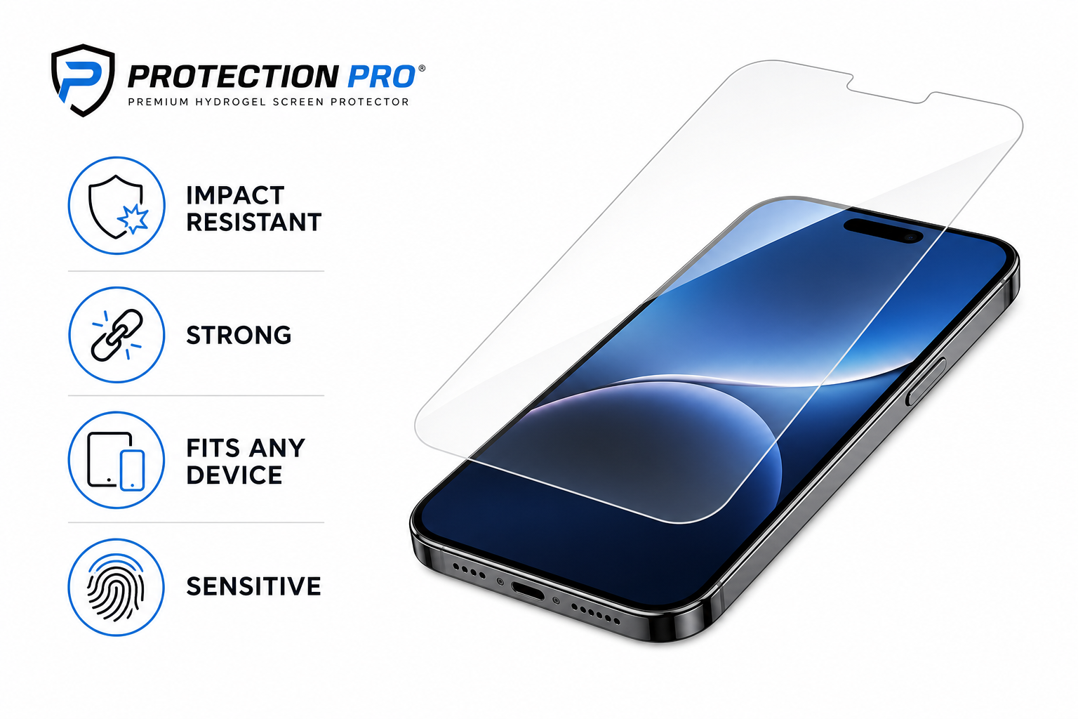 Protection Pro hydrogel film — impact resistant, strong, cut to fit, touch sensitive